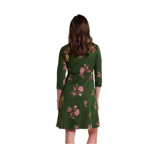 Back view of a green floral long-sleeve dress with three-quarter sleeves