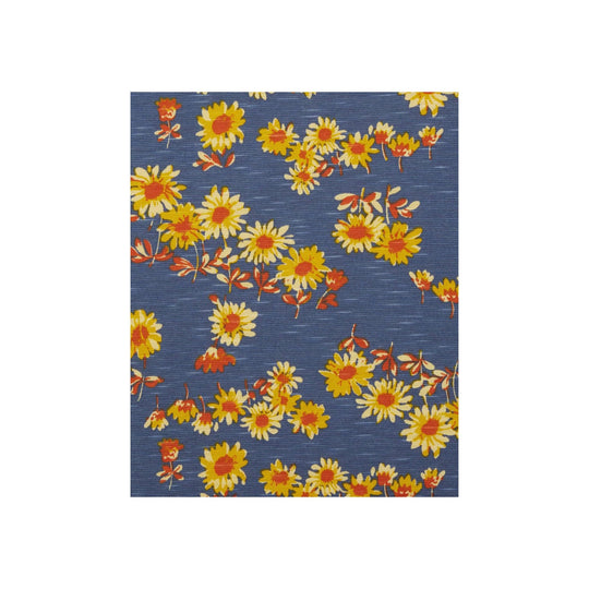 Blue fabric with yellow and orange daisy print