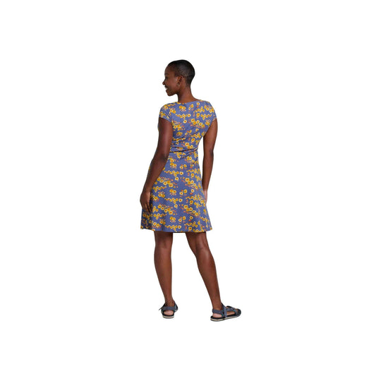 Blue floral short-sleeve dress worn with black sandals, shown from the back