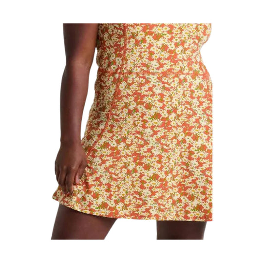 Orange floral sleeveless dress with fitted waist and flared skirt