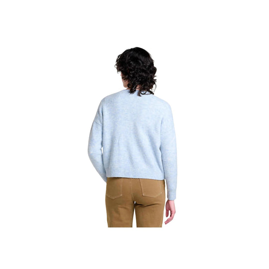 Light blue knit cardigan shown from the back with ribbed hem and cuffs.