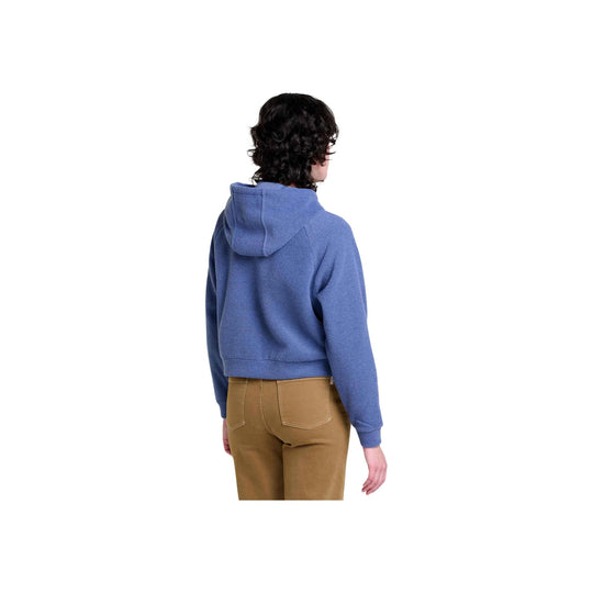 Blue cropped zip hoodie shown from the back with a hood and long sleeves