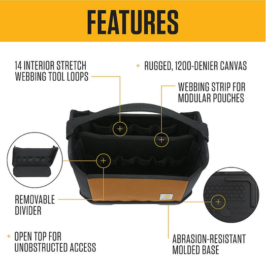 A product features infographic for a black and tan canvas tool bag, showing labeled callouts about interior stretch webbing tool loops, rugged canvas, webbing strip for modular pouches, removable divider, open top, and abrasion-resistant molded base.