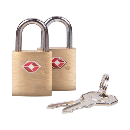 Two brass padlocks with silver shackles and keys