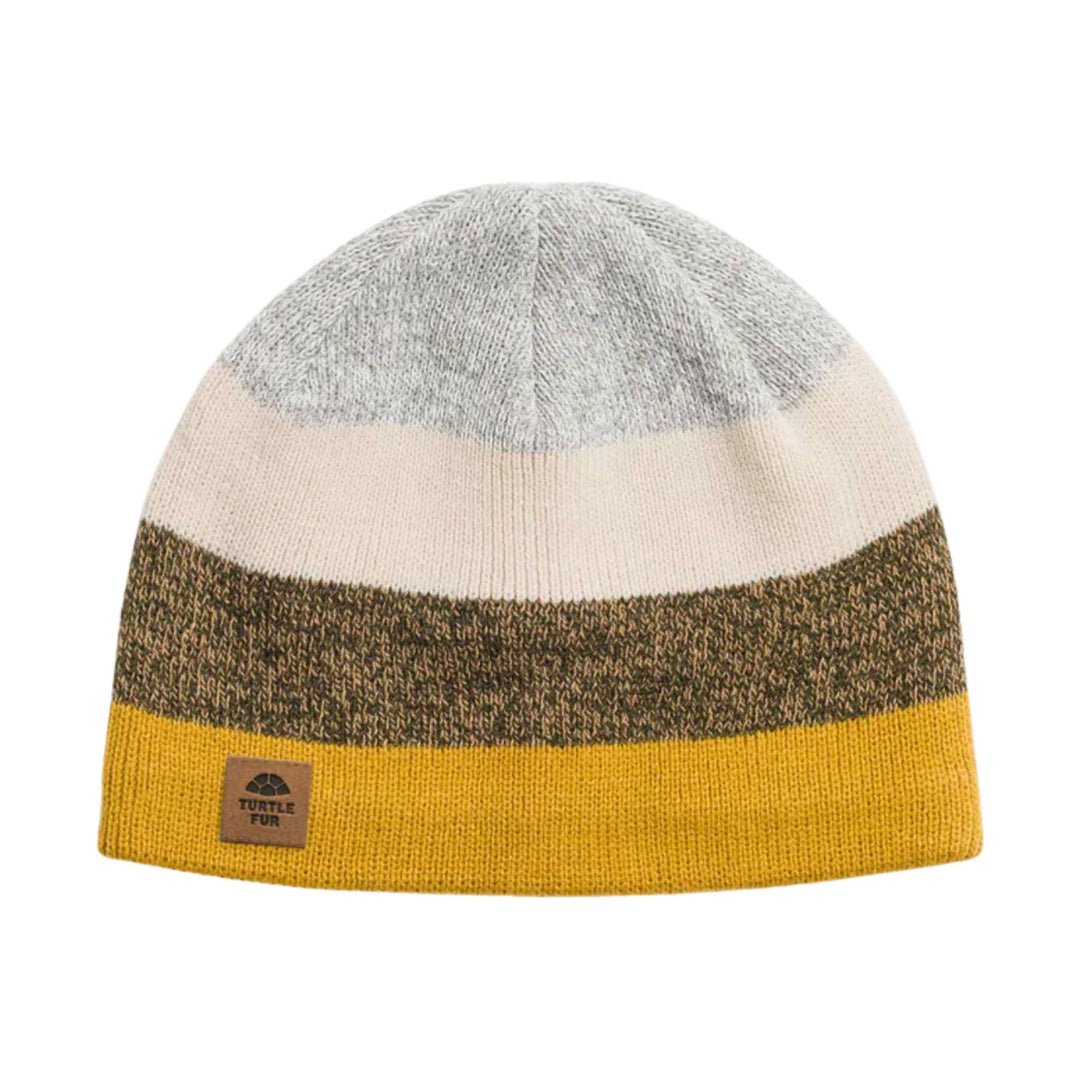 Colorblock knit beanie with a gray crown, cream stripe, brown band, and mustard yellow brim