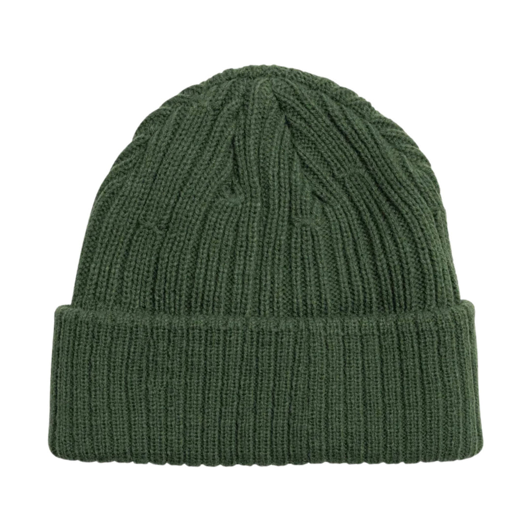 Dark green ribbed knit beanie with a folded cuff
