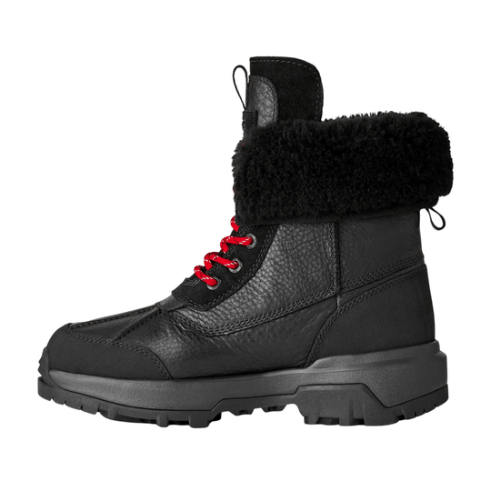 Black insulated lace-up winter boot with red laces and a fuzzy fold-over collar
