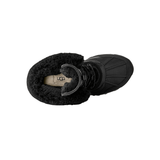 Black shearling-lined winter boot with leather upper and lace-up front, top-down view