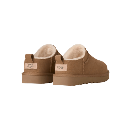 Pair of tan suede ankle boots with shearling lining and UGG heel patches