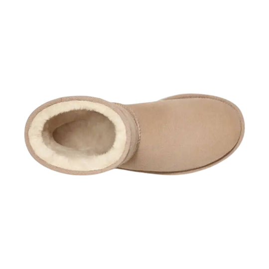 Sheepskin-lined tan suede ankle boot viewed from the top