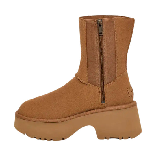 Chestnut suede platform boot with a side zipper and chunky lug sole