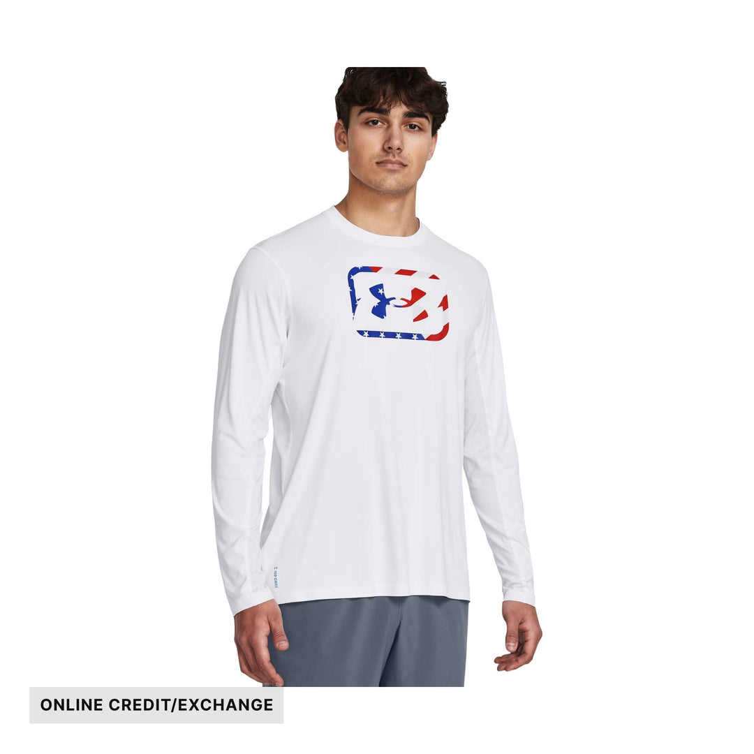 White long-sleeve athletic shirt with a red, white, and blue chest graphic and ONLINE CREDIT/EXCHANGE text