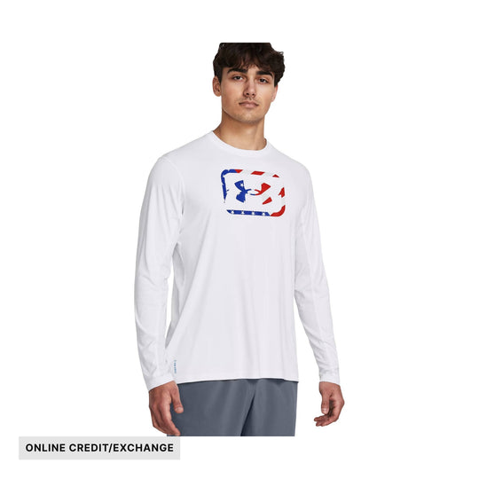White long-sleeve athletic shirt with a red, white, and blue chest graphic and ONLINE CREDIT/EXCHANGE text