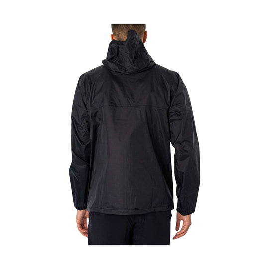 Black hooded rain jacket shown from the back on a model