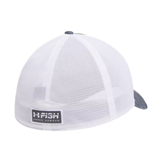 White mesh trucker cap with dark curved brim and FISH patch on the back