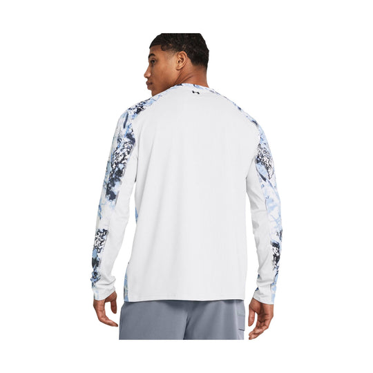 White long-sleeve athletic shirt with blue-gray camo sleeves, shown from the back