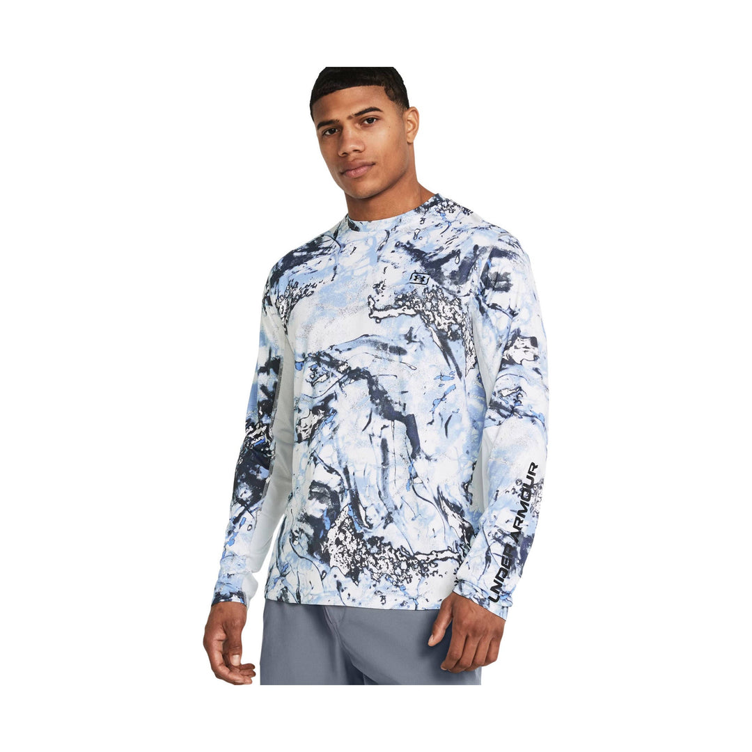 Long-sleeve performance shirt with blue, white, and black abstract camo print