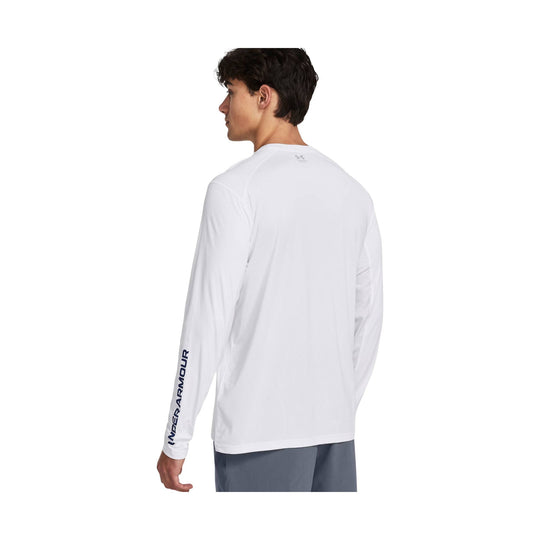 White long-sleeve performance shirt with navy vertical sleeve text, shown from the back