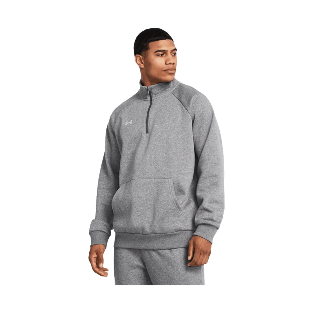 Gray quarter-zip fleece pullover with a front pouch pocket and small chest logo