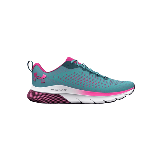 Teal and pink running shoe with a white midsole and visible side logo, shown in profile