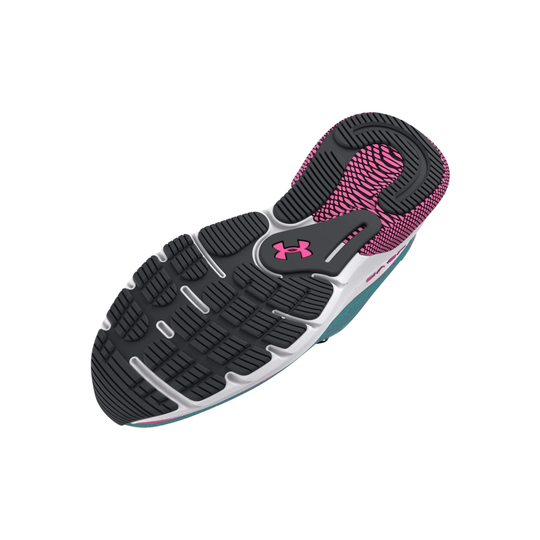 Running shoe outsole with black tread, pink Under Armour logo, and pink patterned forefoot
