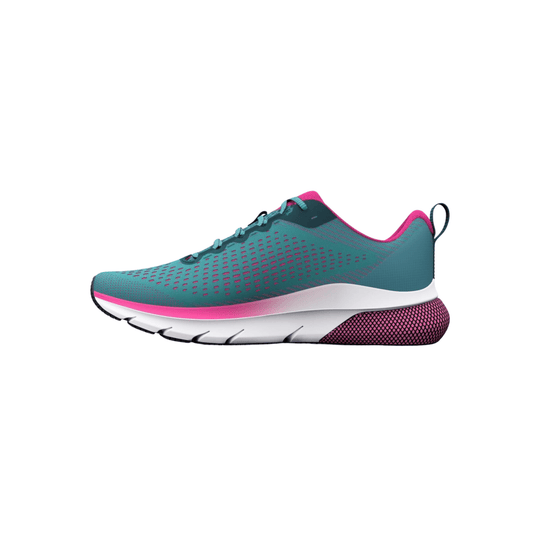 Teal and pink running shoe in side profile with a white cushioned sole