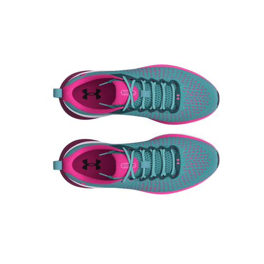 Pair of teal and pink lace-up running shoes viewed from above