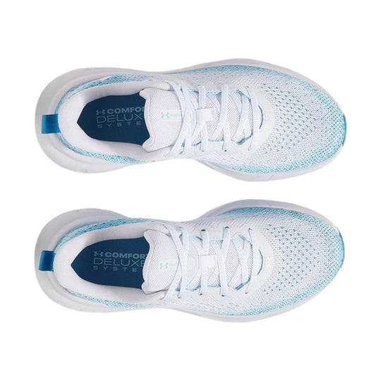 White running shoe with light blue accents, top view, showing laces and a blue insole with visible text.
