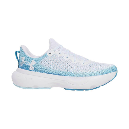 White athletic running shoe with light blue gradient knit upper, white midsole, and side logo