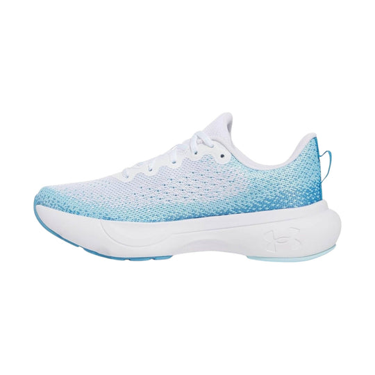 White running shoe with a blue gradient knit upper and thick white sole, shown in side profile
