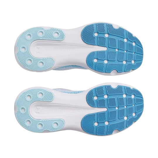 Two white running shoe soles with light blue and blue tread patterns