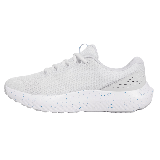 White athletic running shoe with knit upper, lace-up closure, and blue speckled midsole