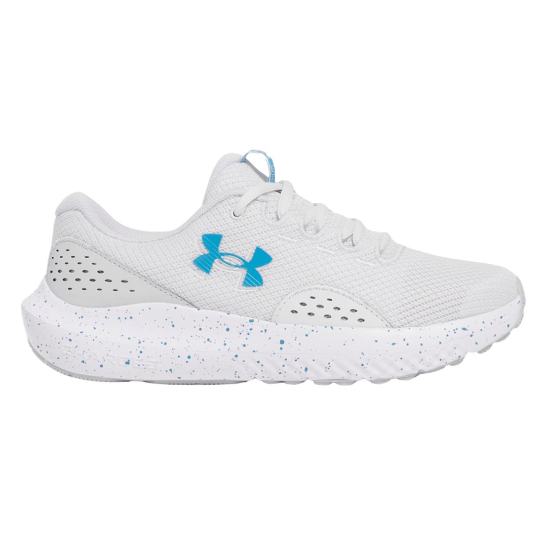 White low-top running shoe with blue logo and speckled sole