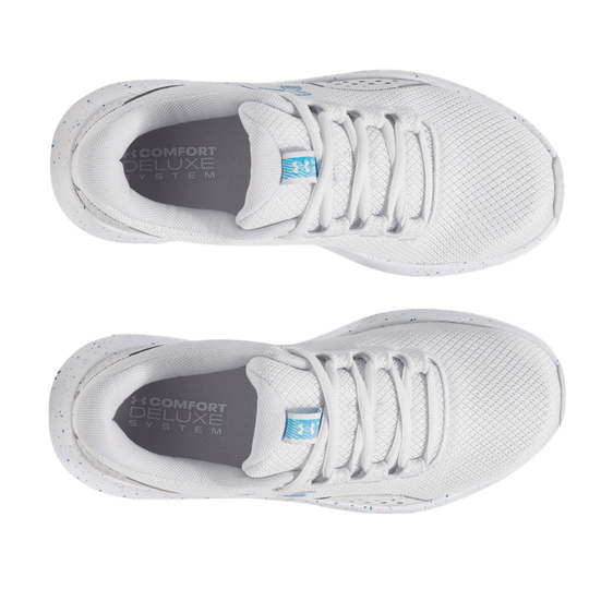 White knit running shoes with blue speckling, laces, and Comfort Deluxe System insoles