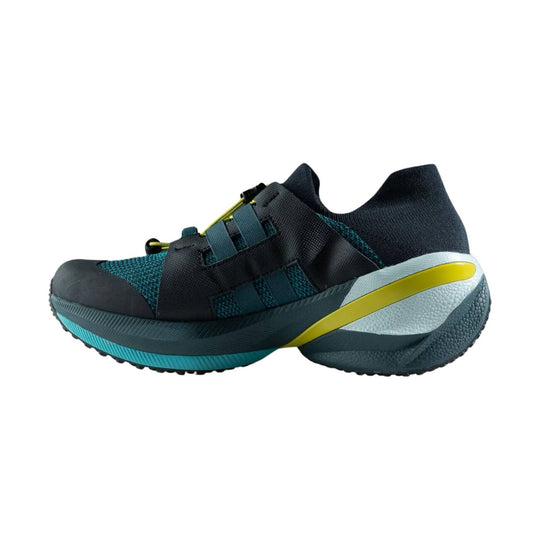 Low-top athletic shoe in black, teal, and yellow with a thick cushioned sole