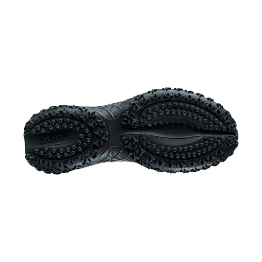 Black trail shoe outsole with deep tread and perforated grip pods
