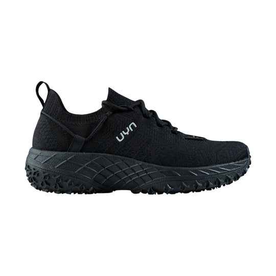 Black knit trail shoe with thick textured sole and pull tab