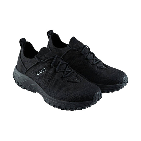 Black knit athletic shoes with lace-up fronts, pull tabs, and rugged treaded soles