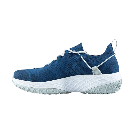 Blue knit athletic shoe with white laces and a thick white sole