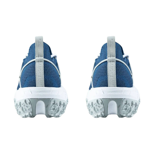Pair of blue knit athletic shoes seen from the back with gray pull tabs and textured white soles