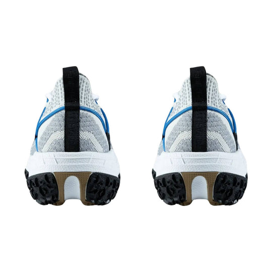 Pair of white, gray, and blue trail shoes shown from the back