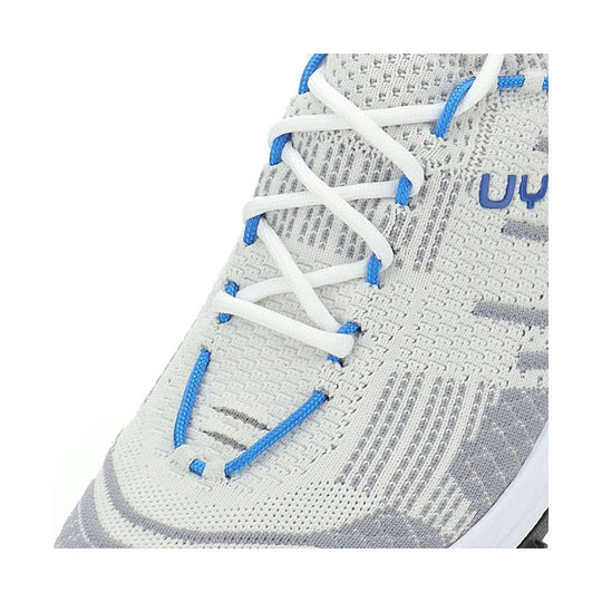 White and gray knit running shoe with white laces and blue trim