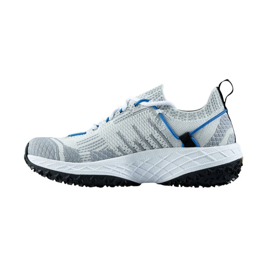Gray knit trail shoe with blue laces and a black lugged sole