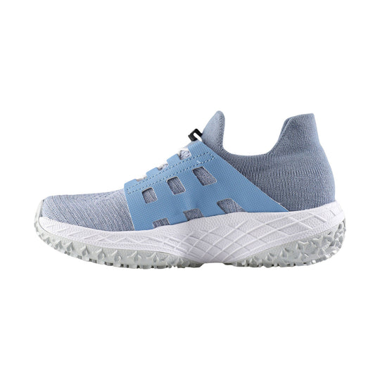 Light blue slip-on athletic shoe with knit upper, cutout side strap, and rugged white sole