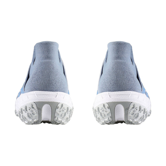 Pair of blue-gray knit ankle shoes shown from the back with white treaded soles