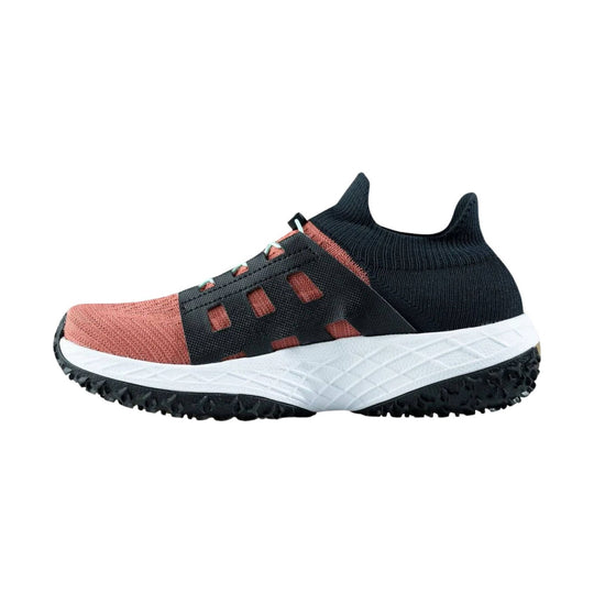 Black and coral athletic shoe with knit upper, side cutouts, and a white textured sole