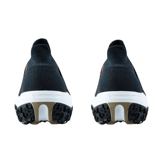 Black slip-on athletic shoes shown from the back with thick white midsoles and textured black outsoles
