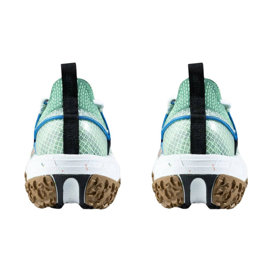 Rear view of a green trail shoe with black pull tab, blue trim, white midsole, and tan lugged outsole.