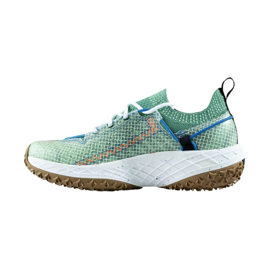 Green trail running shoe with white midsole, blue trim, and brown lugged outsole