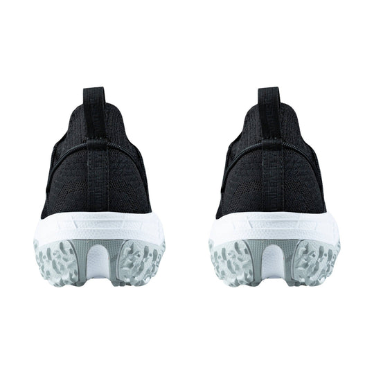 Pair of black knit athletic shoes shown from the back with white midsoles and textured gray outsoles